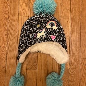 Girls Winter Knit Unicorn Rainbow Heart Patch Hat
